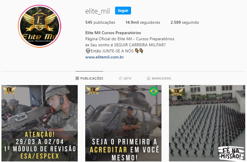 Perfil Oficial do Curso Elite Mil no Instagram